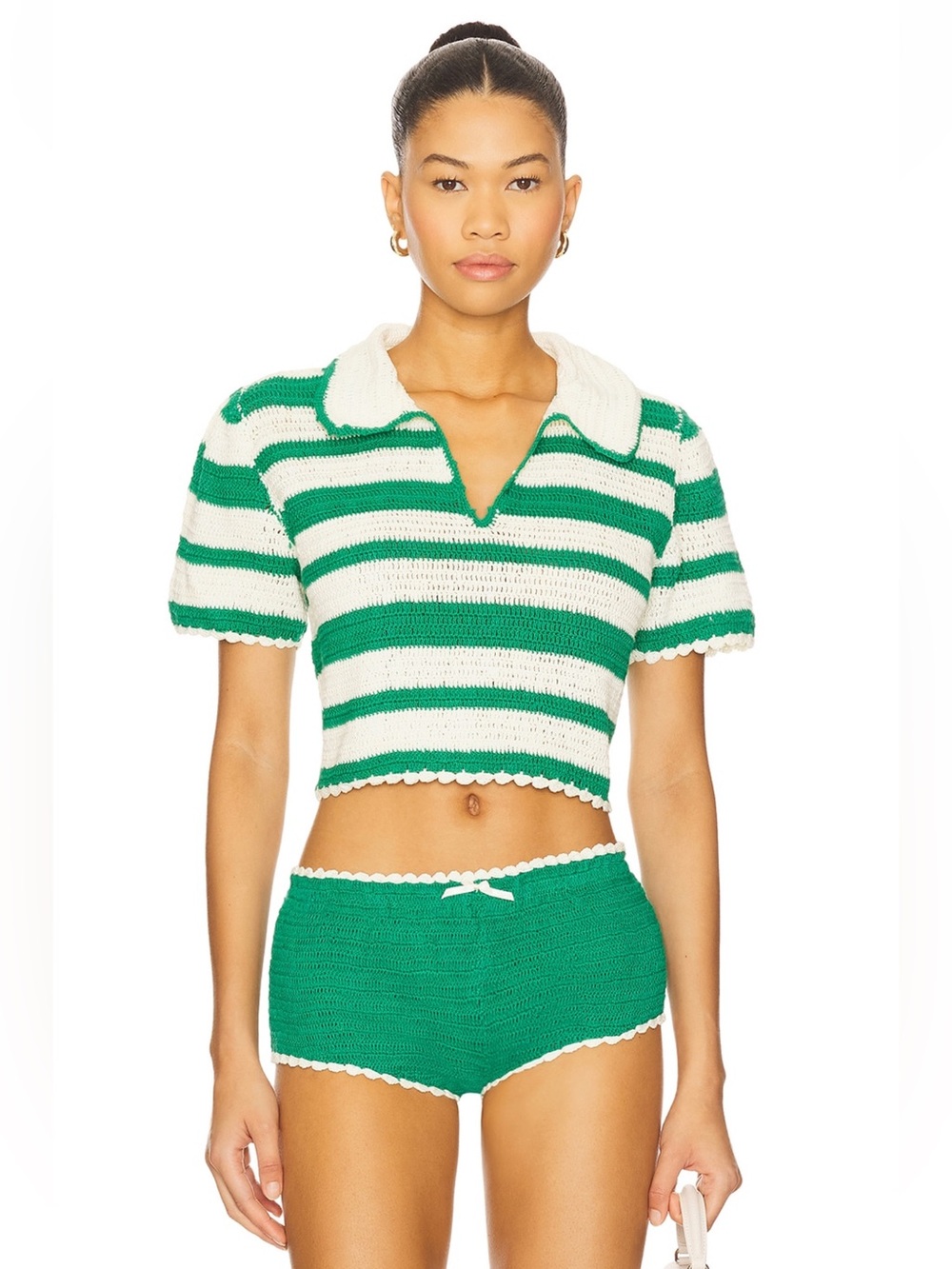 NWT For Love and Lemons Crochet Rugby Polo Top and Matching Shorts - Green